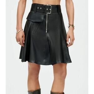 RE/DONE Women's Leather Moto Skirt Black Size 26 Belted Waist Pleated NWOT
